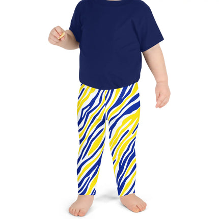 Little kid and toddler Buffalo hockey leggings featuring bold blue and gold stripes with signature Buffalo silhouettes, colorful fan apparel for sizes 2T through 7.