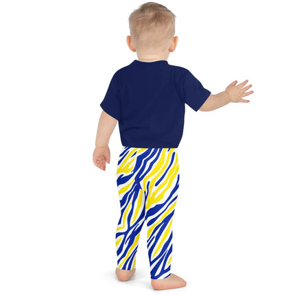 Back view of toddler and children’s Buffalo fan leggings showcasing the vibrant hockey-inspired stripe pattern in blue and gold with a comfortable stretch fit.