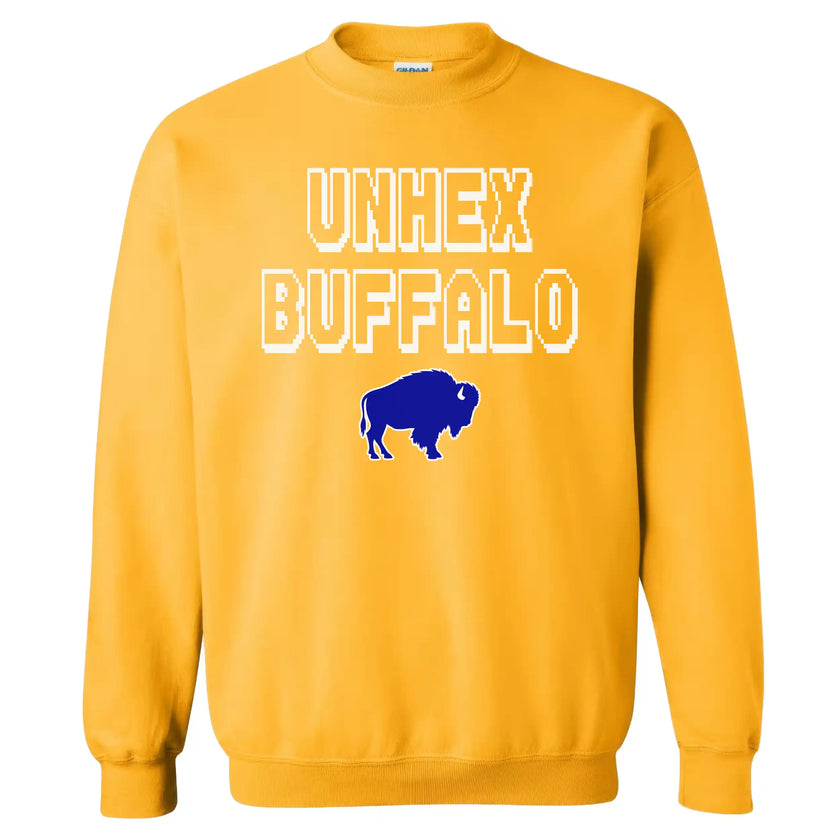 Gold Buffalo fan sweatshirt showcasing the humorous ‘Unhex Buffalo’ graphic in retro pixel-style lettering with a bold blue buffalo, perfect for optimistic sports fans