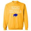 Gold Buffalo fan sweatshirt showcasing the humorous ‘Unhex Buffalo’ graphic in retro pixel-style lettering with a bold blue buffalo, perfect for optimistic sports fans