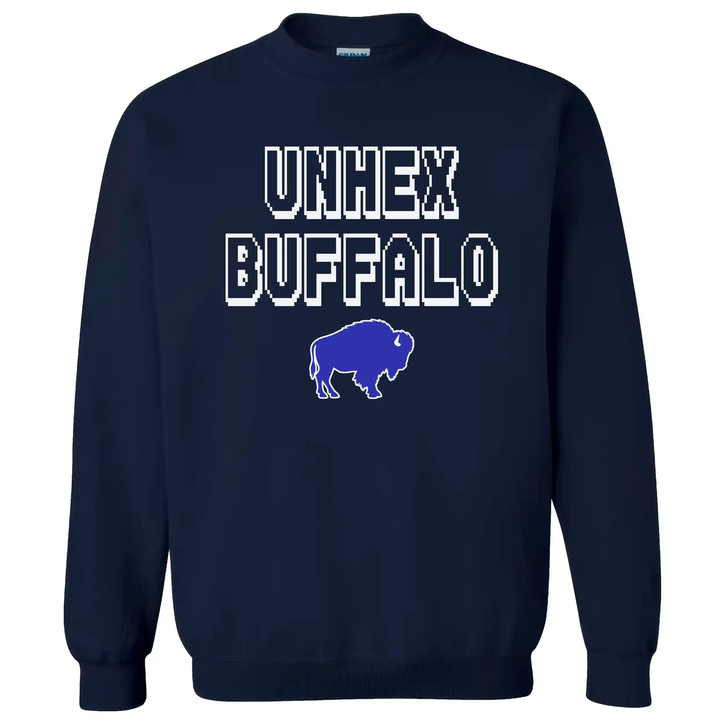 Navy Buffalo sports sweatshirt with the playful ‘Unhex Buffalo’ slogan in white block pixel lettering and a blue buffalo silhouette, cozy fan apparel for game day.