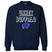 Navy Buffalo sports sweatshirt with the playful ‘Unhex Buffalo’ slogan in white block pixel lettering and a blue buffalo silhouette, cozy fan apparel for game day.