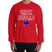 Man wearing a red Buffalo sports sweatshirt featuring the funny ‘Unhex Buffalo’ design with white pixel lettering and a blue buffalo graphic, showing hopeful Buffalo football and hockey spirit.