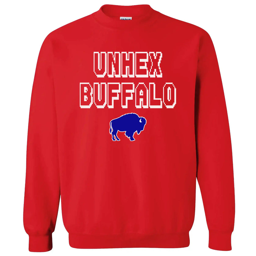 Red Buffalo sports sweatshirt featuring the funny ‘Unhex Buffalo’ design in bold white pixel lettering with a blue buffalo silhouette, playful fan apparel for football and hockey season.