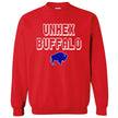 Red Buffalo sports sweatshirt featuring the funny ‘Unhex Buffalo’ design in bold white pixel lettering with a blue buffalo silhouette, playful fan apparel for football and hockey season.