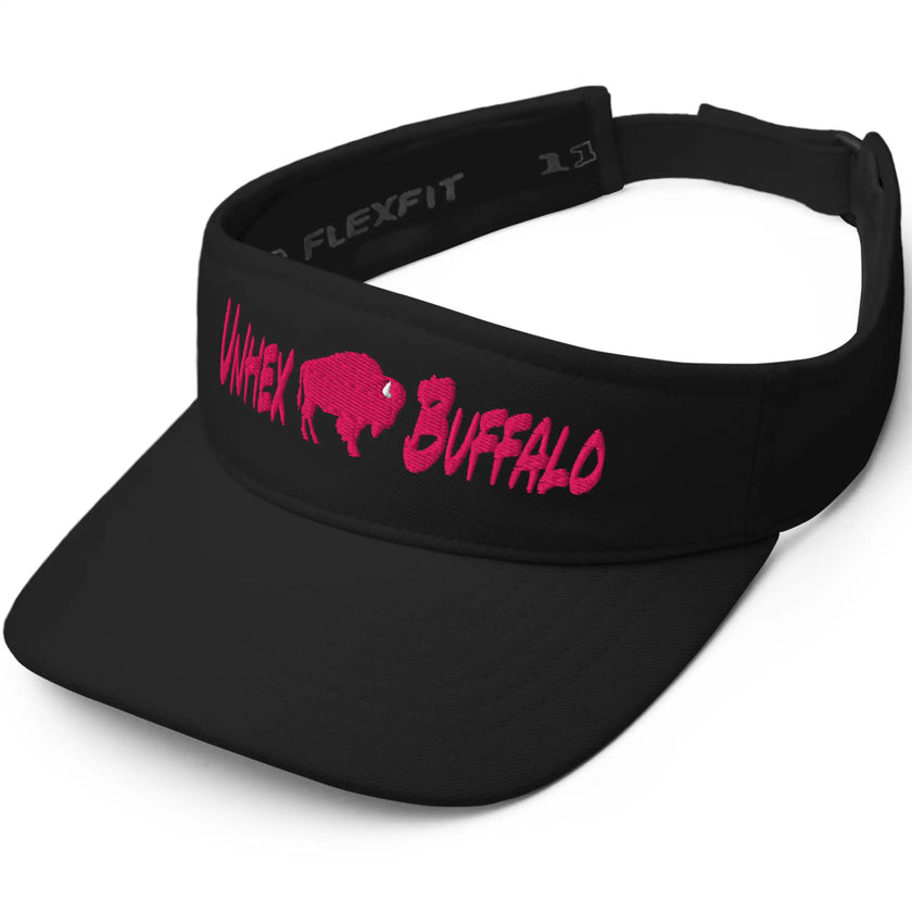 Side view of a black Buffalo sports visor showcasing the vibrant hot pink buffalo graphic and playful Unhex Buffalo design.