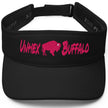 Women’s Buffalo sports black golf visor featuring hot pink ‘Unhex Buffalo’ lettering with a hot pink buffalo silhouette between the words, bold fan style.