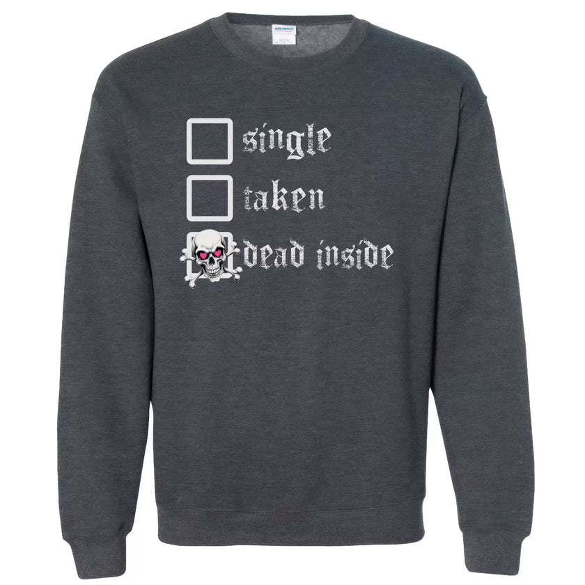 Gray gothic sweatshirt flat lay on white with moody dark-punk aesthetic and heart-eyed skull detail