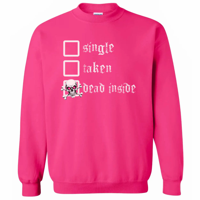Hot pink gothic sweatshirt flat lay  showing playful single, taken, dead inside skull heart and bold checklist design