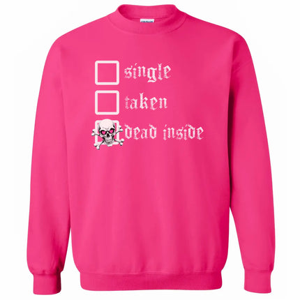 Hot pink gothic sweatshirt flat lay  showing playful single, taken, dead inside skull heart and bold checklist design
