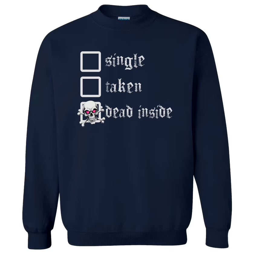 Navy gothic sweatshirt flat lay on white highlighting the checklist graphic with skull and heart eyes