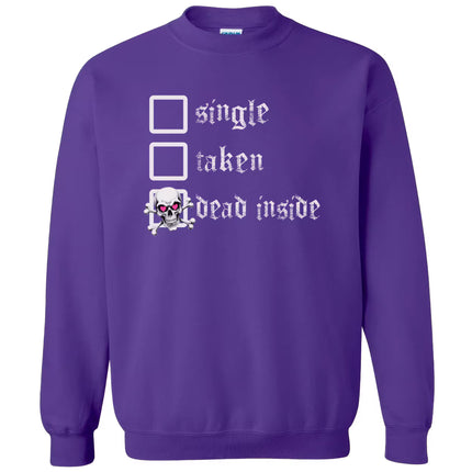 Purple gothic sweatshirt white featuring single, taken, dead inside wording and  skull heart checkbox and whimsical gothic style