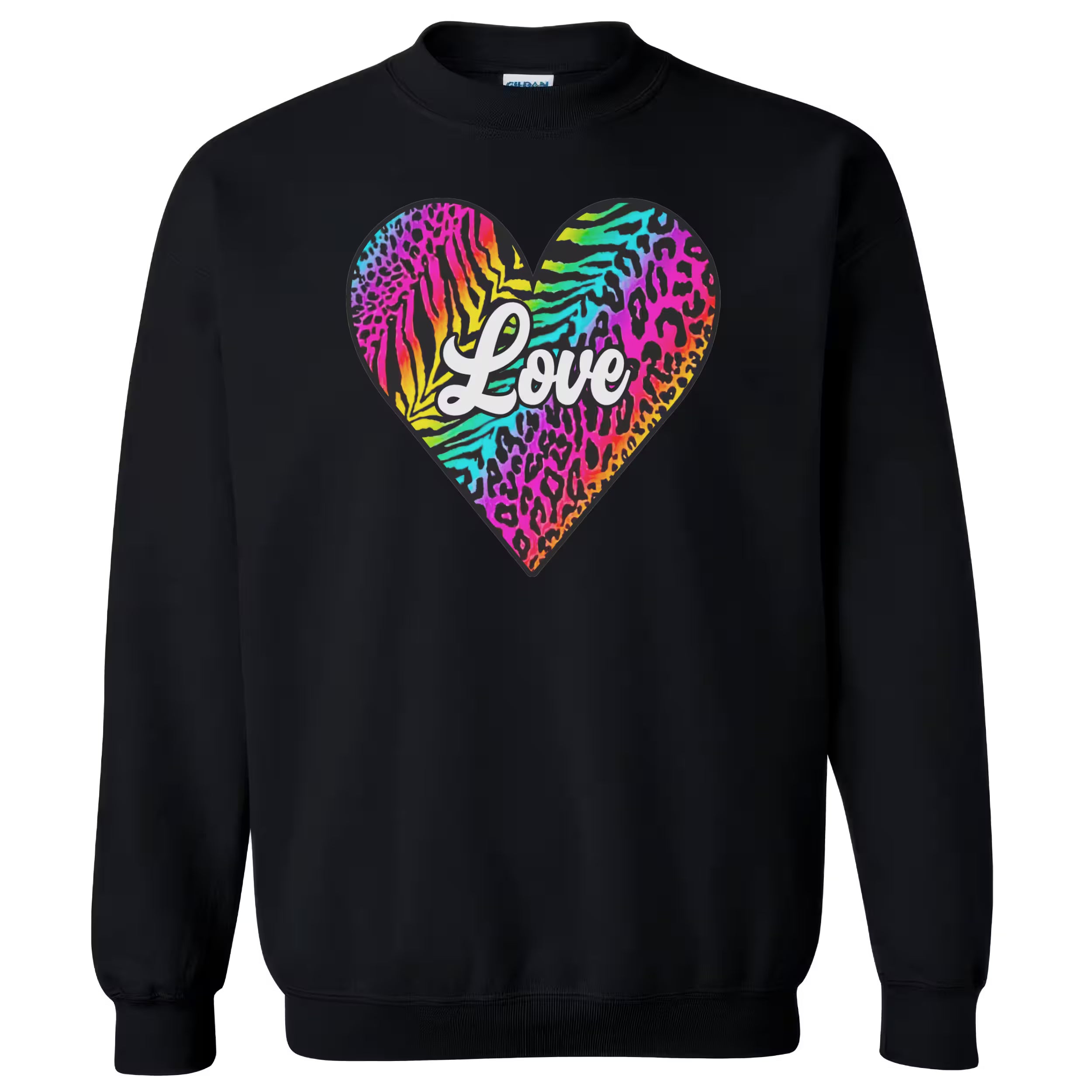 Black sweatshirt with bold rainbow animal print heart, “Love” lettering center, cozy flat lay on white