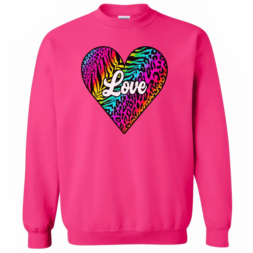 Hot pink sweatshirt featuring colorful animal print heart, white “Love” text, bright studio flat lay