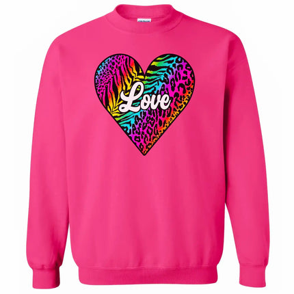 Hot pink sweatshirt featuring colorful animal print heart, white “Love” text, bright studio flat lay