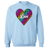 Light blue sweatshirt featuring playful rainbow animal print heart, “Love” in white, flat lay on white