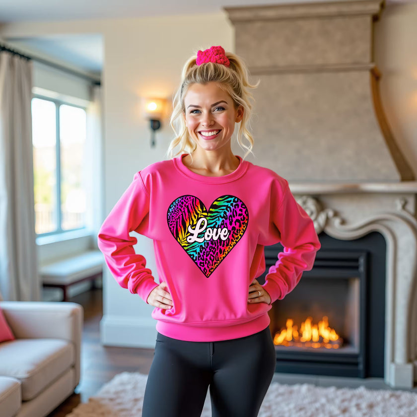 Hot pink sweatshirt featuring colorful animal print heart, white “Love” text, bright studio flat lay