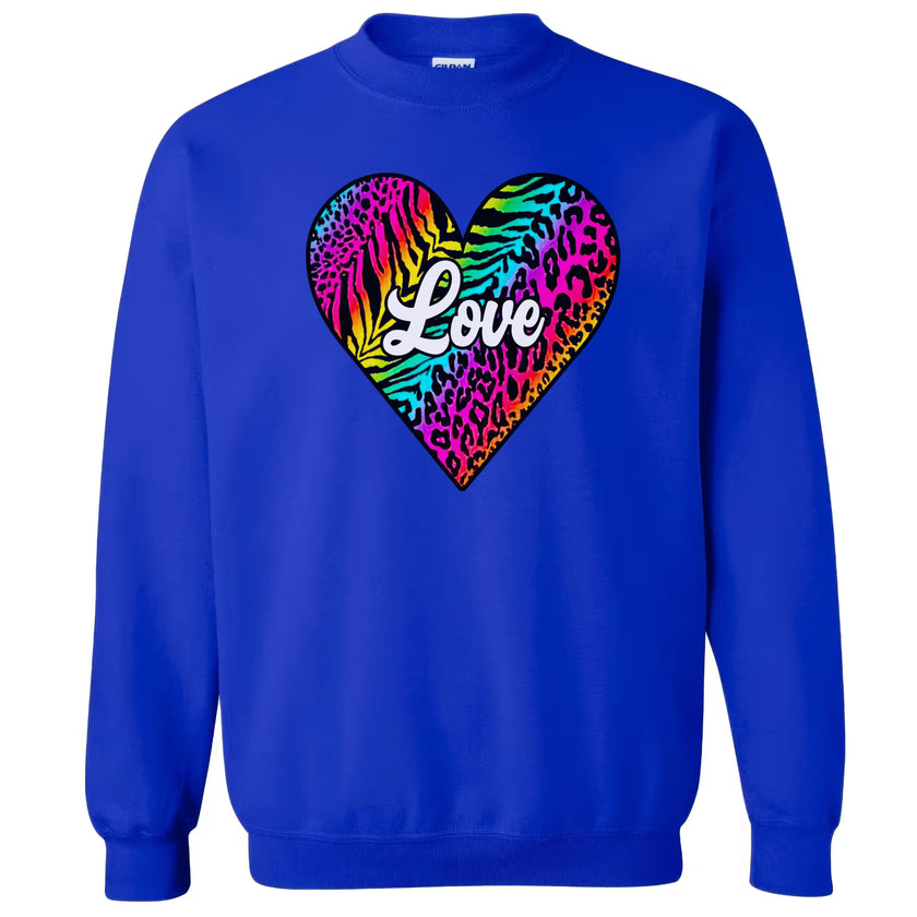 Royal blue sweatshirt showing eye-catching rainbow animal heart with centered white “Love” text