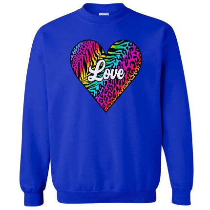 Royal blue sweatshirt showing eye-catching rainbow animal heart with centered white “Love” text