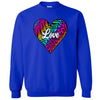 Royal blue sweatshirt showing eye-catching rainbow animal heart with centered white “Love” text