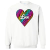 White sweatshirt flat lay with bold rainbow print heart and crisp white “Love” lettering