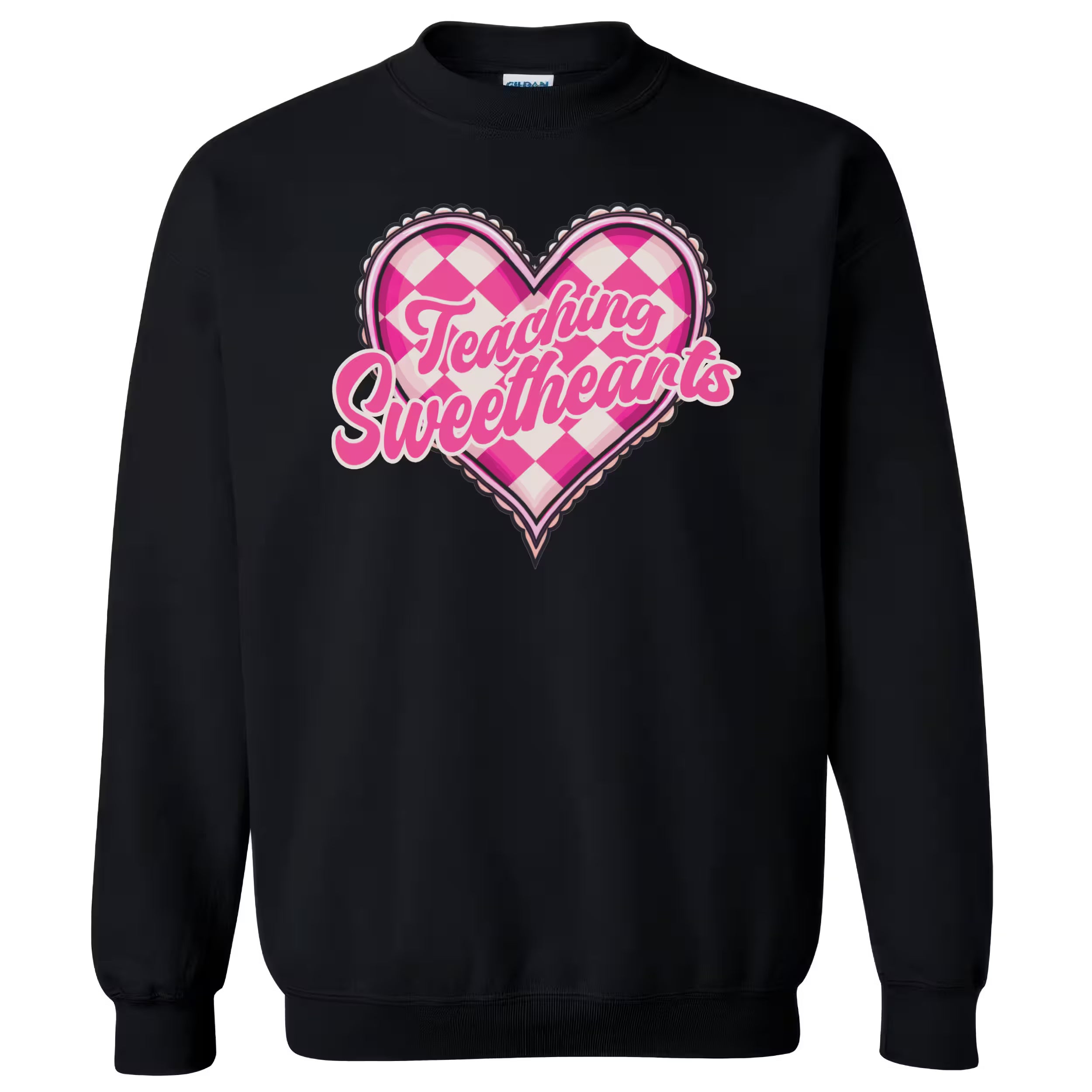 Black sweatshirt flat lay with “Teaching Sweethearts” lettering and retro pink heart design, teacher gift idea