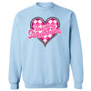 Light blue sweatshirt flat lay featuring “Teaching Sweethearts” text with cute checkered heart design
