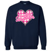Navy sweatshirt flat lay featuring “Teaching Sweethearts” text and charming pink and white heart design