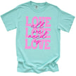 Mint ‘All We Need Is Love’ Valentine’s tee with playful pink script and heart, flat lay for romantic gift ideas