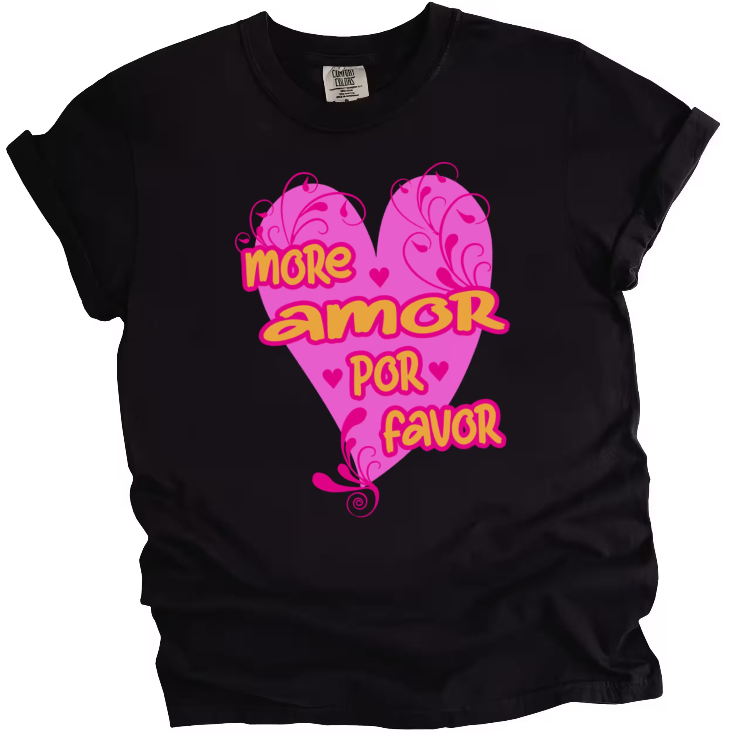 Black More Amor Por Favor Valentine’s tee with vibrant pink heart and playful orange lettering, flat lay on white background.