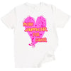 White More Amor Por Favor Valentine’s t-shirt with striking pink heart and fun orange typography, flat lay on white background.