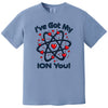 Blue “I’ve Got My Ion You” chemistry Valentine shirt flat lay with playful science graphic and heart design.