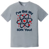 Gray geeky Valentine t-shirt flat lay with playful chemistry pun and atom graphic for science lovers.