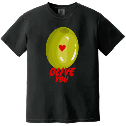 Olive You pun t-shirt flat lay in black, playful Valentine’s Day shirt for women and men