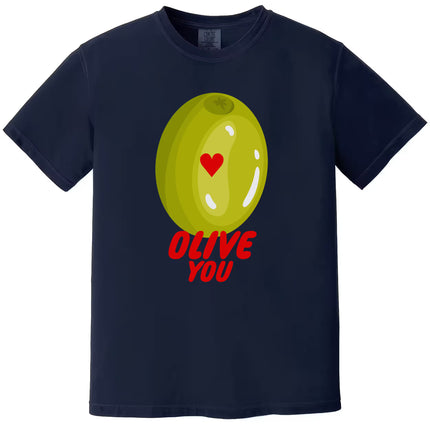 Olive You pun t-shirt flat lay in navy, fun Valentine’s graphic tee for couples or gifts