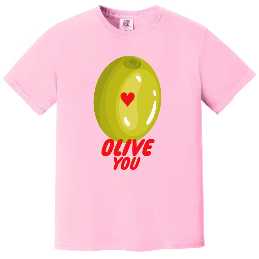 Olive You pun pink t-shirt flat lay, fun Valentine’s gift shirt for women and men