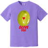 Olive You pun t-shirt flat lay in purple, playful Valentine’s Day tee with heart and olive design