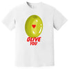 Olive You pun t-shirt flat lay in white, cute Valentine’s Day pun tee with olive and heart