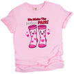 We Make the Perfect Pair t-shirt, pink shirt flat lay, playful Valentine socks graphic, fun unisex Valentine’s Day tee for gifting or couples