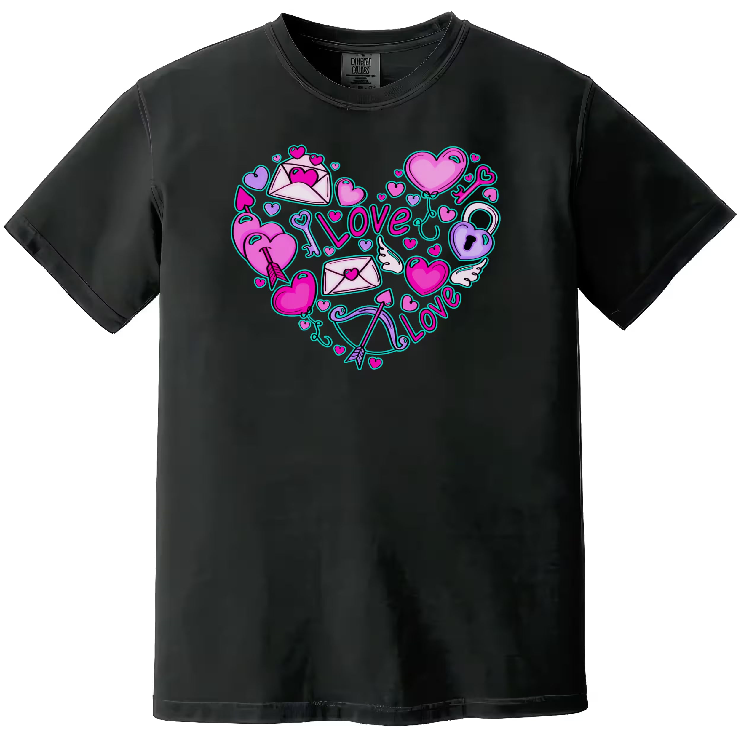 Black shirt flat lay on white background highlighting bright Valentine’s doodle heart design, ideal for romantic vibes.