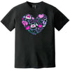 Black shirt flat lay on white background highlighting bright Valentine’s doodle heart design, ideal for romantic vibes.