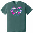 Teal shirt flat lay on white background showing whimsical Valentine’s heart doodles, letters, and balloons.