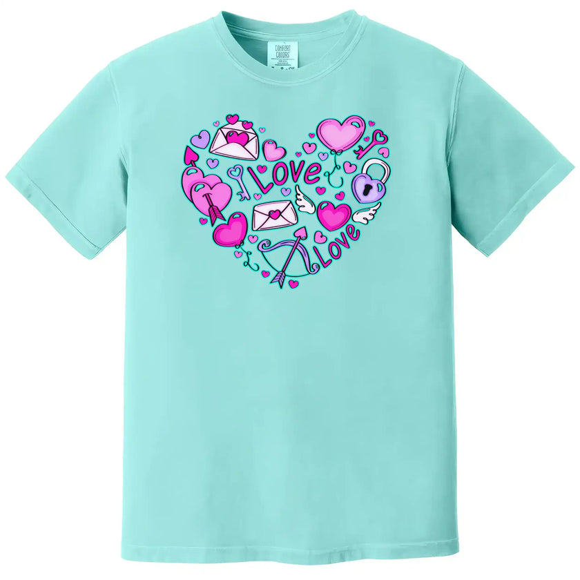 Mint shirt flat lay on white background showcasing Valentine’s Love Doodle heart design, perfect for gifting or festive style.