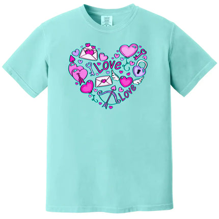 Mint shirt flat lay on white background showcasing Valentine’s Love Doodle heart design, perfect for gifting or festive style.