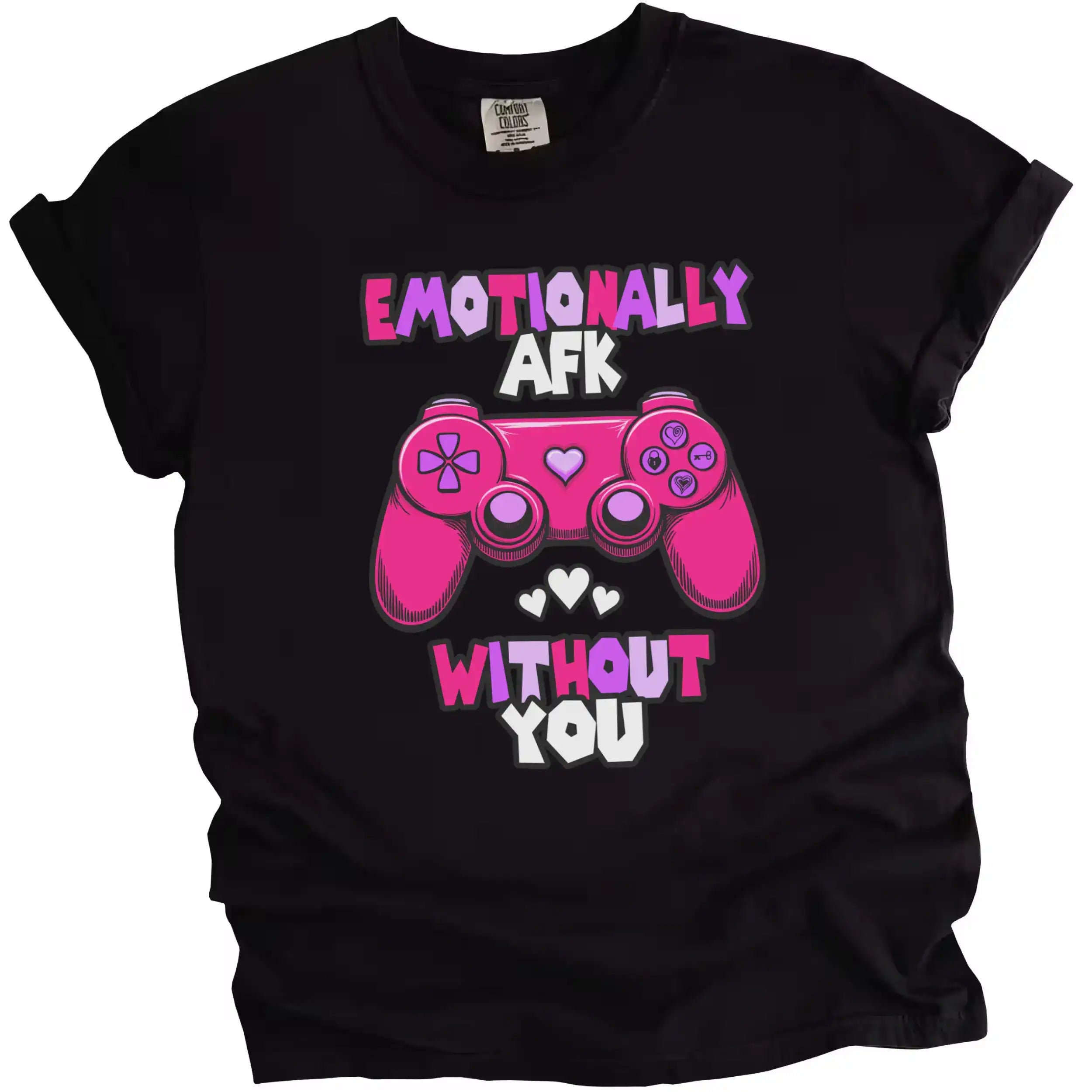 Black “Emotionally AFK” gamer tee with pink hearts and controller, neatly laid out on white background.