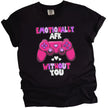 Black “Emotionally AFK” gamer tee with pink hearts and controller, neatly laid out on white background.