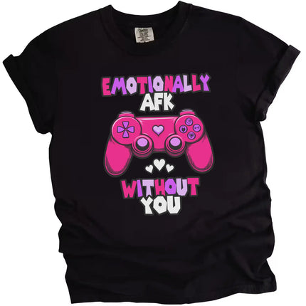 Black “Emotionally AFK” gamer tee with pink hearts and controller, neatly laid out on white background.