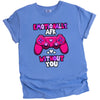 Blue “Emotionally AFK” gamer shirt with playful heart and game controller graphics, laid flat on white background.