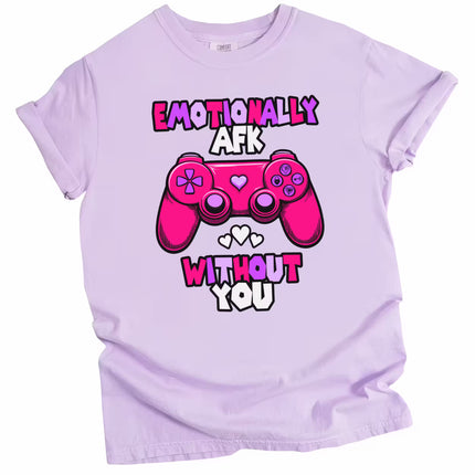 “Emotionally AFK” gaming tee with hot pink controller, neatly displayed on white background.