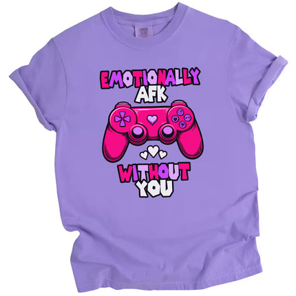 Purple “Emotionally AFK” Valentine’s tee with pink and white heart accents and video game controller, flat lay studio shot.